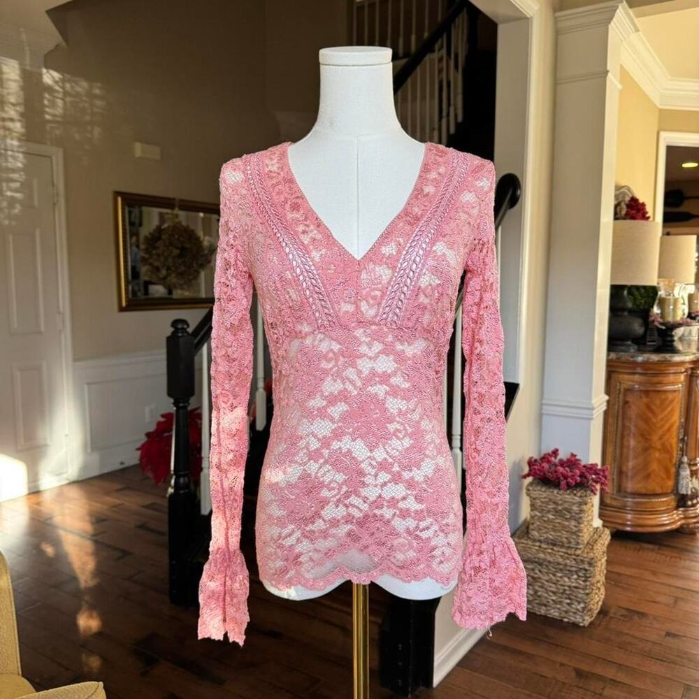 y2k pink sheer lace bell sleeve v neck top small - Picture 1 of 5